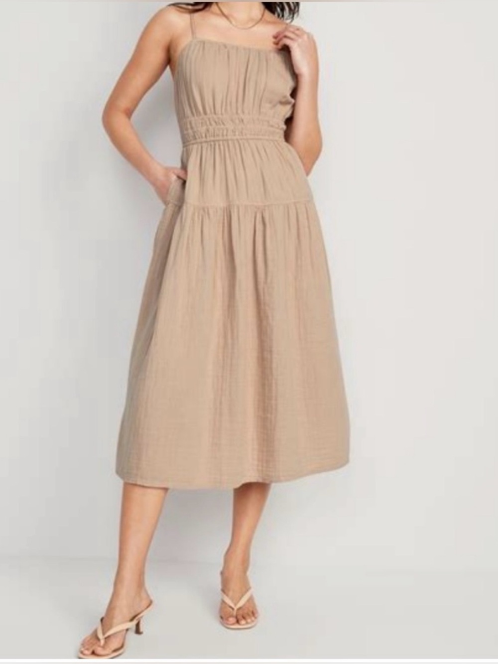 Old Navy Dried Linen Color Waist-Defined Smock Tiered Midi Cami Dress - Size XS